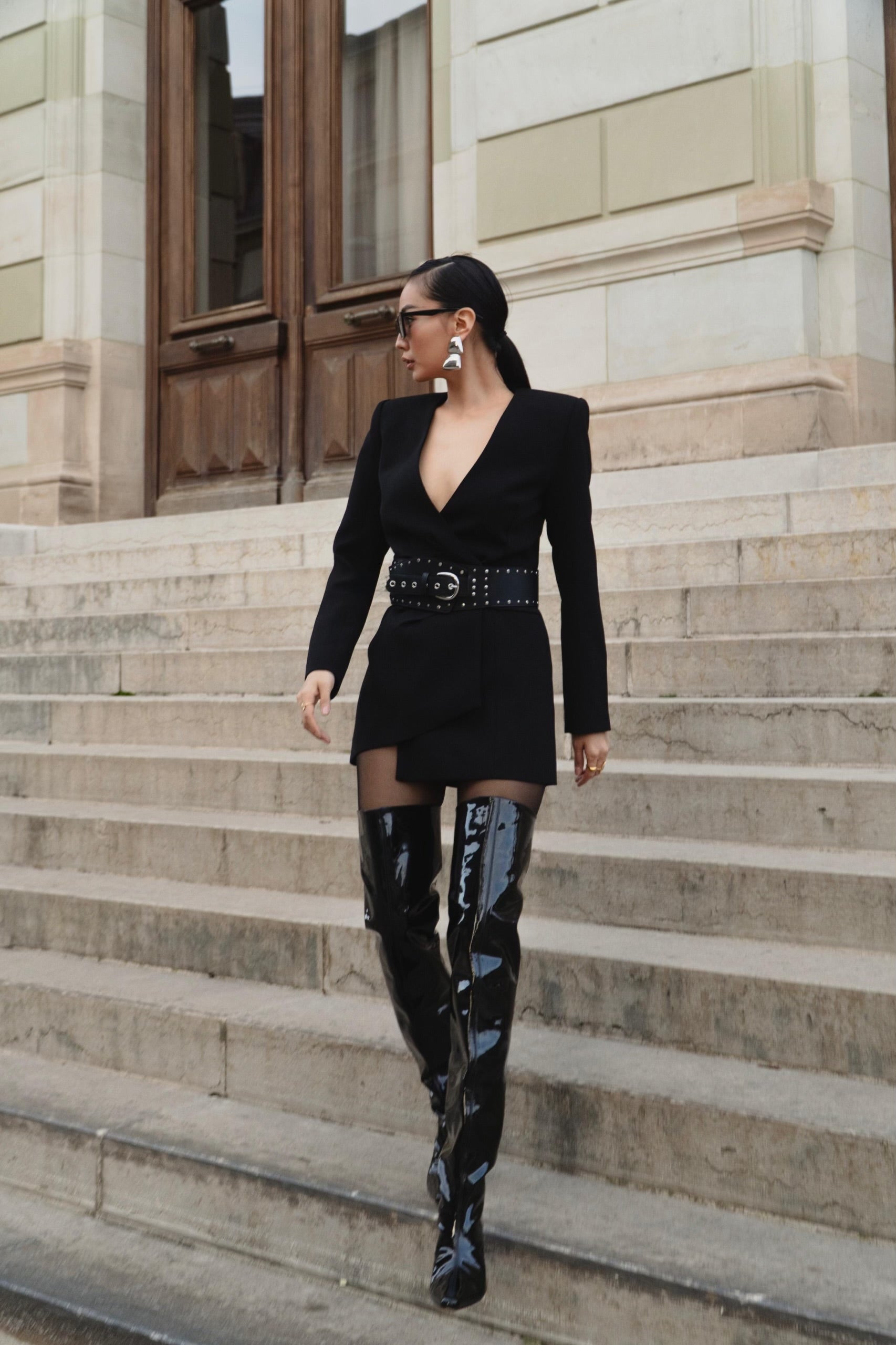 knee length black blazer dress Black Pencil Double Breasted Midi Blazer Dress with Sleeves