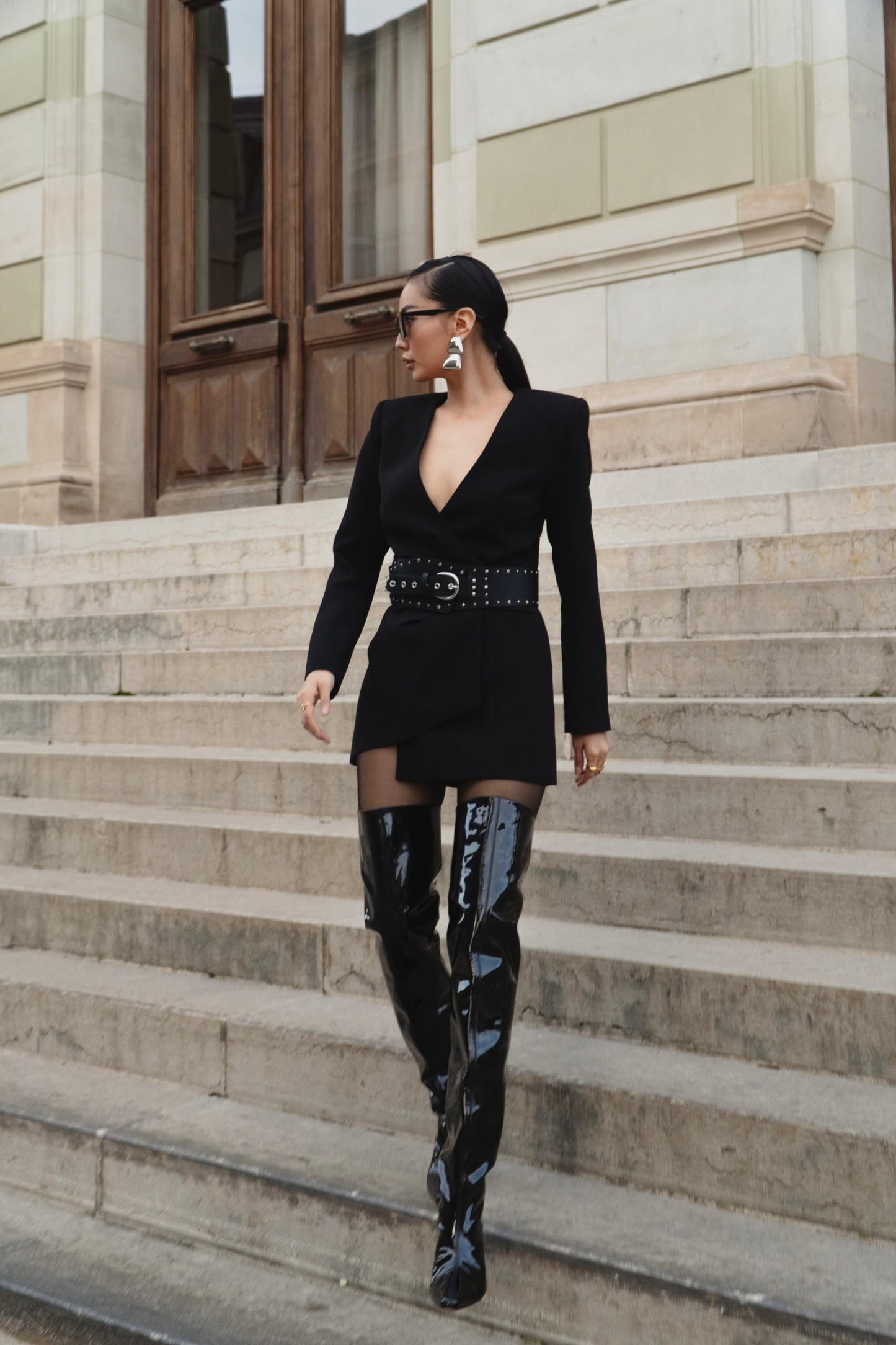 Blazer Dress Black Dress Tall Boots A Structured Blazer Dress Styled With Knee-high Boots For Blazer Dress Black Dress Tall Boots A Structured Blazer Dress Styled With Knee-high Boots For